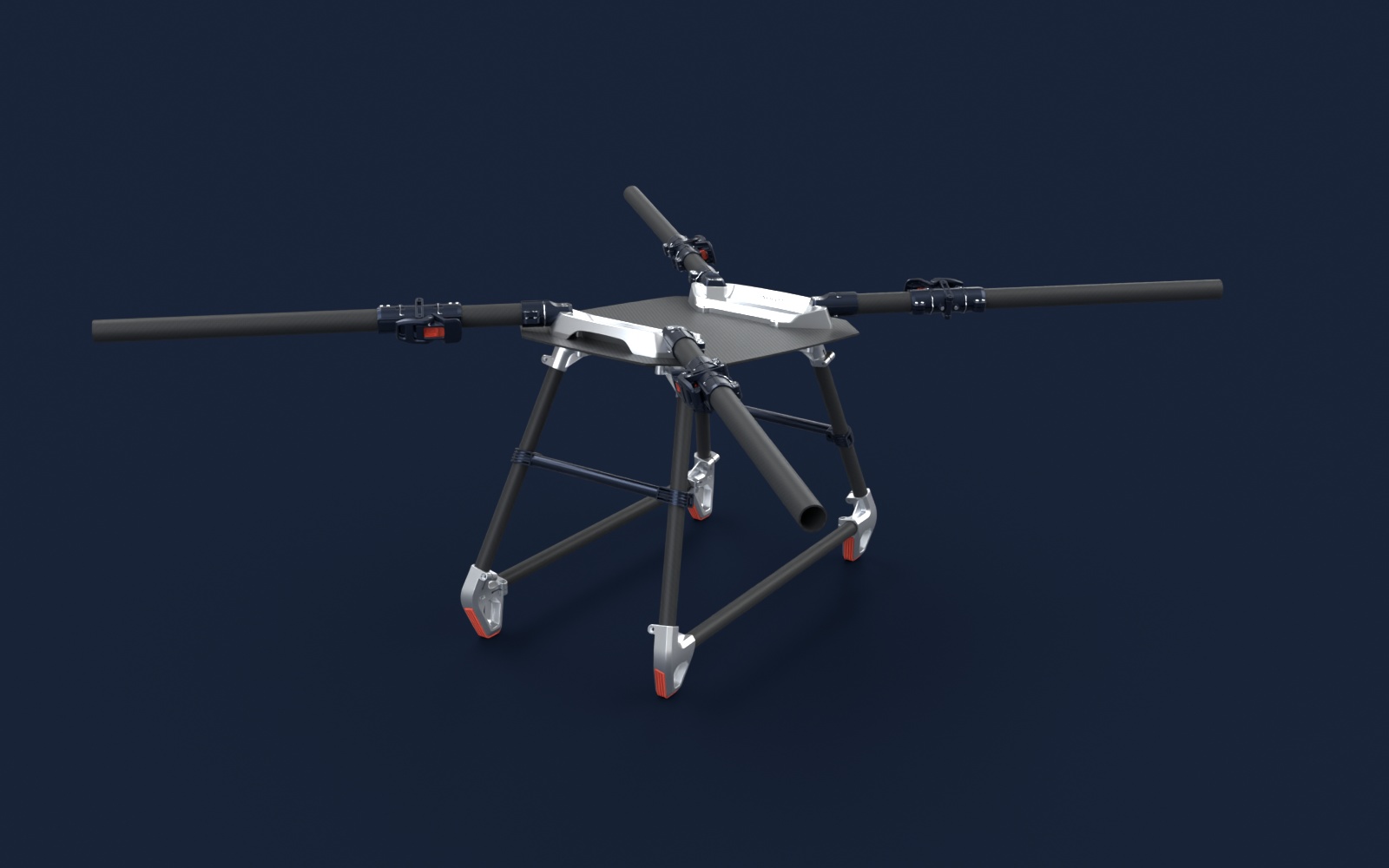 AXICOR CAD airframe with navy anodized joints, silver aluminum brackets, carbon-fiber tubes and orange rubber feet