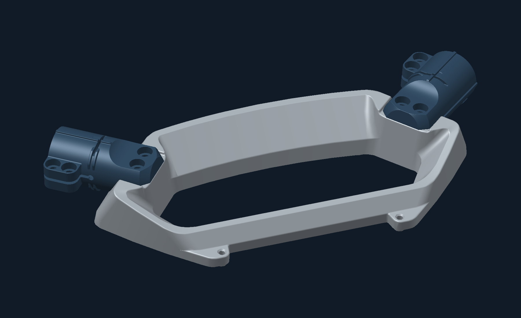 CAD view of the silver frame bracket and adjacent navy arm-root interfaces, with native component placement.