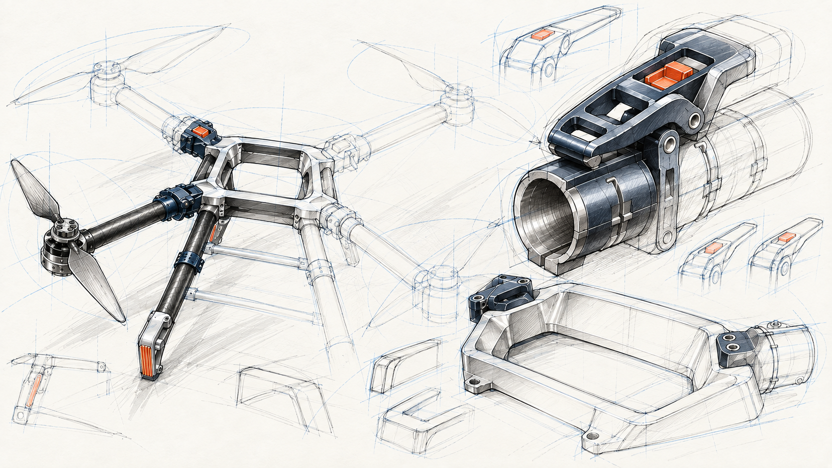 Concept sketch with overlapping UAV, folding-joint and frame studies; selective navy and orange shading fades into unfinished pencil lines.