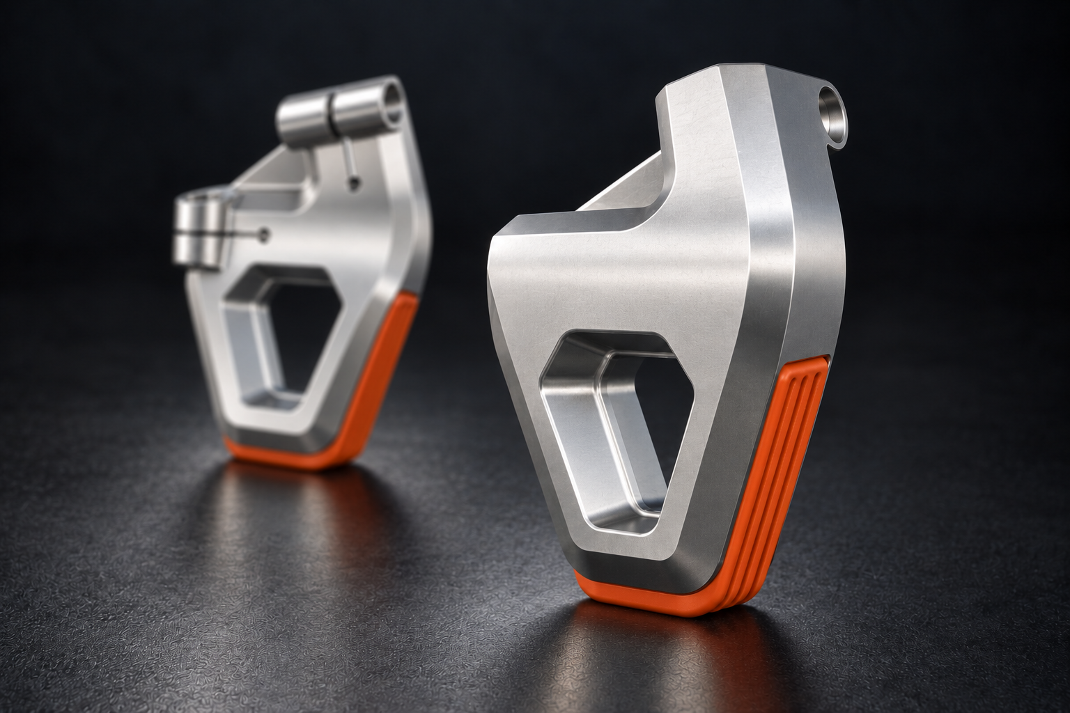 AX-LF-001 landing foot assemblies: silver anodized aluminum bodies with ENERGY ORANGE rubber pads