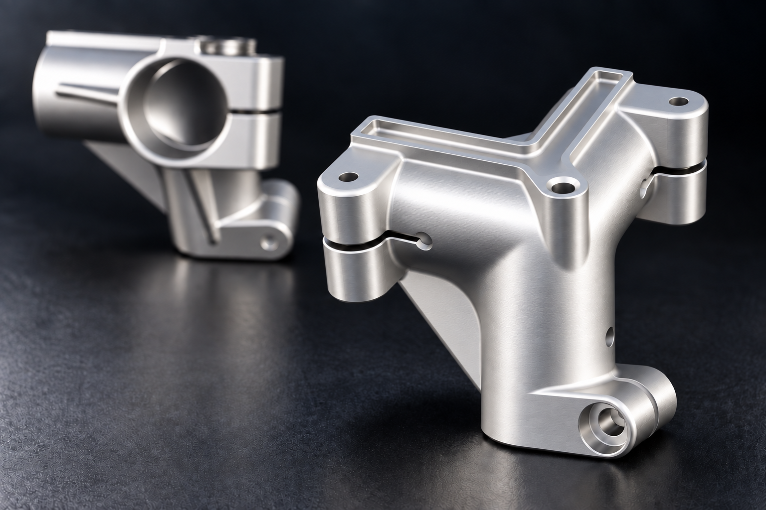AX-LJ-001 silver aluminum landing-strut junctions, with a sharp foreground component and a softly blurred rear view