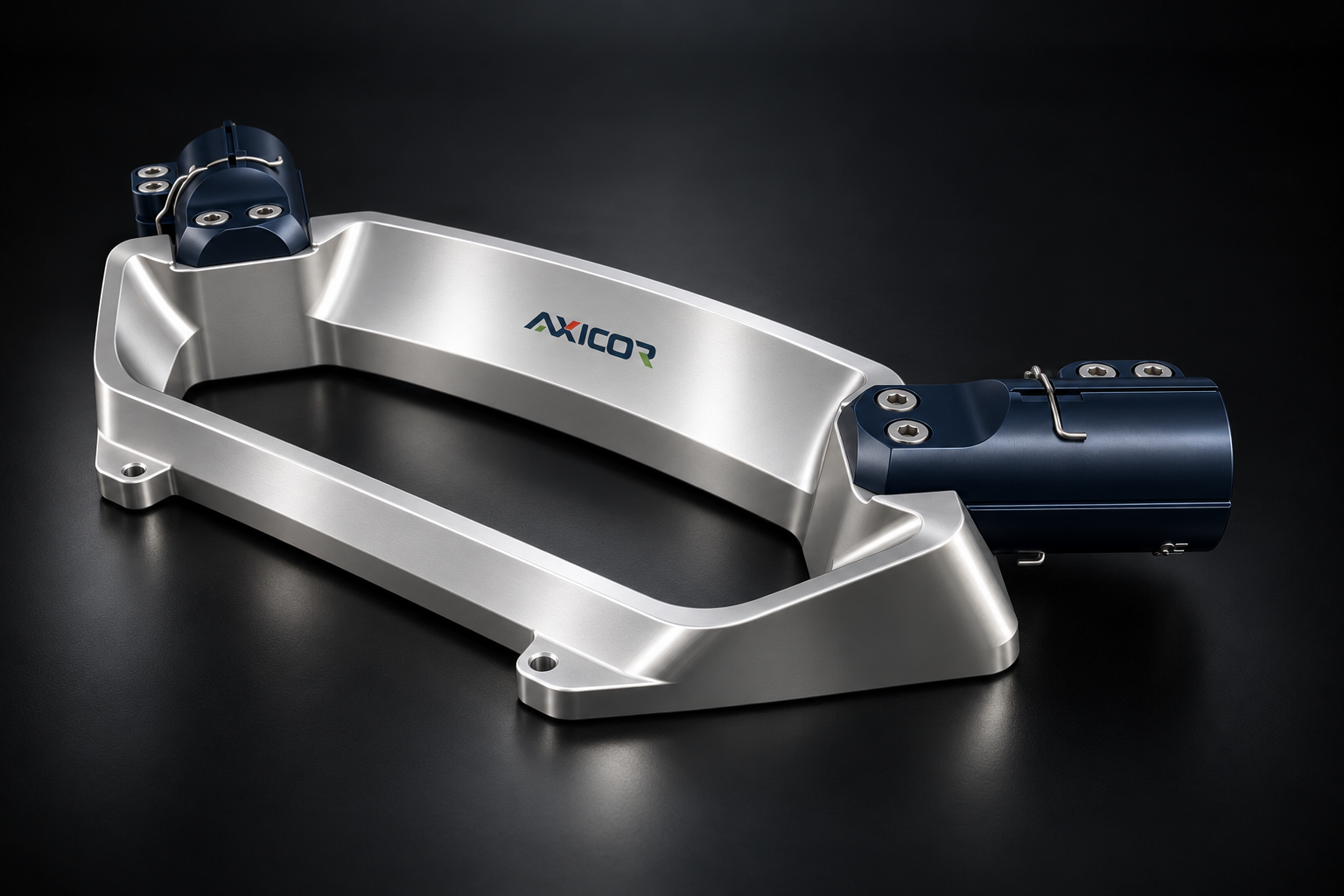 AX-SM-001 structural mount assembly: silver M01 frame with AXICOR NAVY M03 arm-root mounts