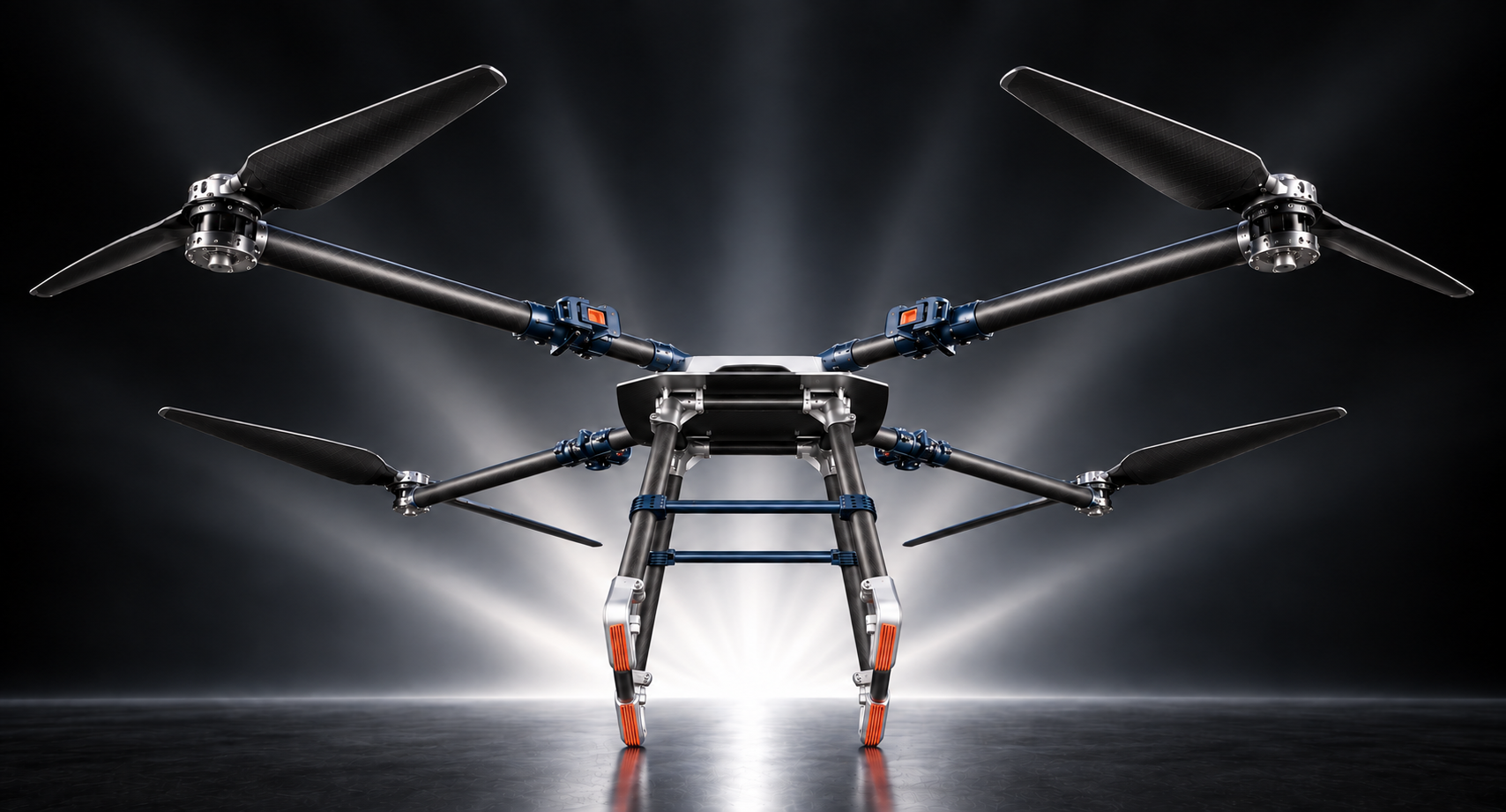 Low-angle AXICOR UAV concept with fine carbon-fiber tubes, silver aluminum fittings, four motors and white light radiating from the horizon